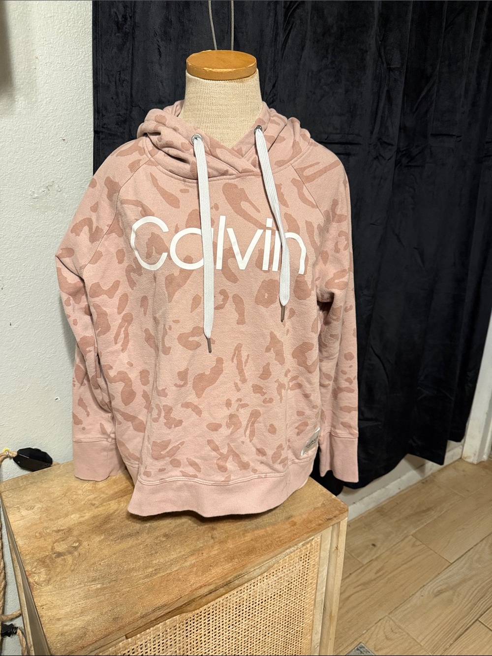 Calvin Klein Blush Leopard Pullover Hoodie with White Logo